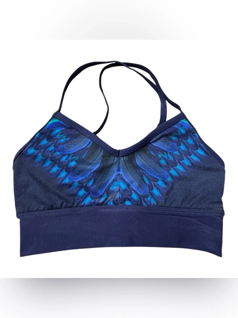 ALO Blue Feather-Print Sports Bra Size Small